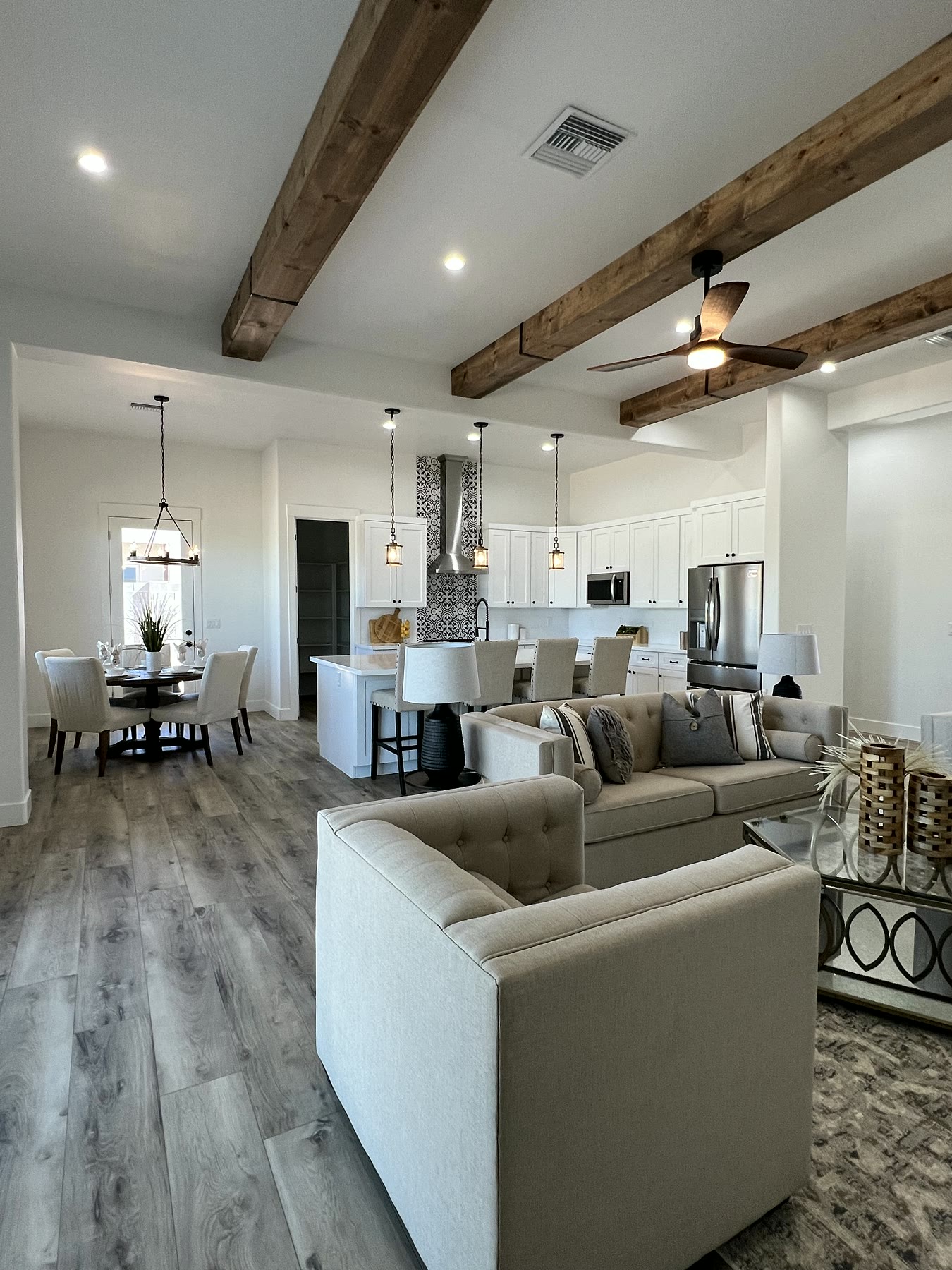 Gold Canyon living room staged around a fireplace