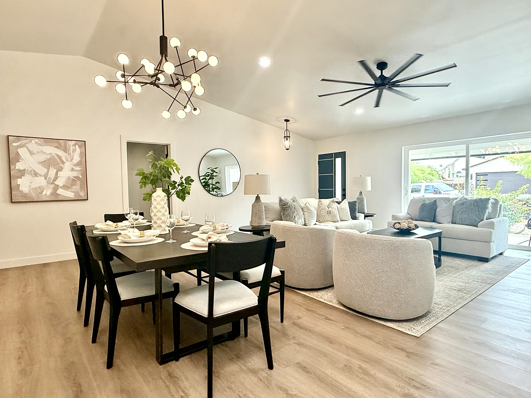 Phoenix dining and living area staged for open-concept appeal